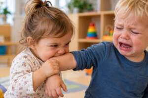 Peuter bijt een ander kind in de arm op de kinderopvang
