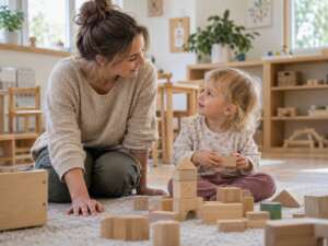 Pedagogisch medewerker maakt op ooghoogte contact met een peuter die met blokken speelt