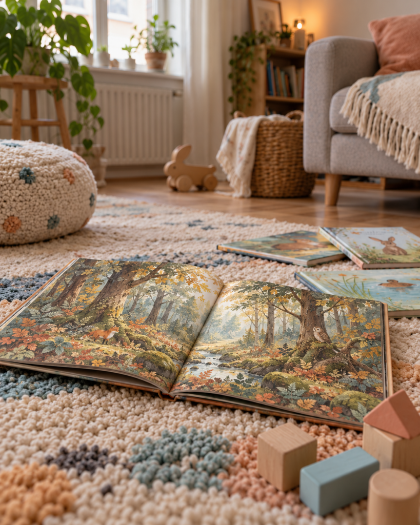 Opengeslagen prentenboek met een boslandschap op een speelkleed